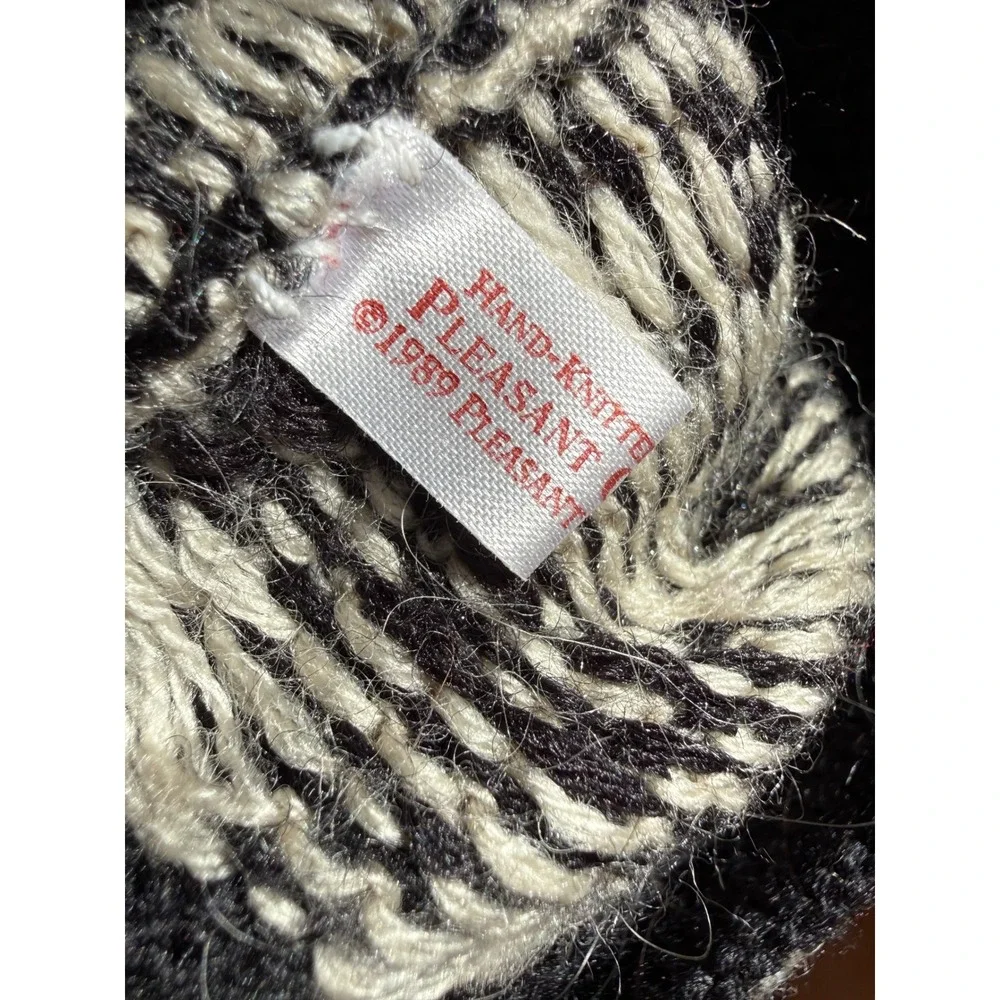 Vintage 1989 Pleasant Company Hand-Knitted Beanie and Mittens Set Black White